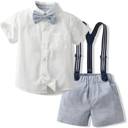 Yaopelky Kleinkind Junge Sommer Gentleman Outfits Kurzarmhemd mit Fliege Hosenträger Shorts Anzug 1-8 Jahre von Yaopelky