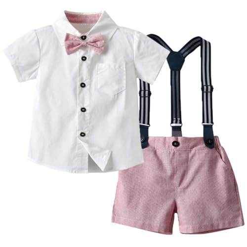 Yaopelky Kleinkind Jungen Sommer Gentleman Outfits Kurzarm Shirt mit Fliege Strapse Shorts Anzug 1-8 Jahre, Pink, 1-2 Jahre von Yaopelky