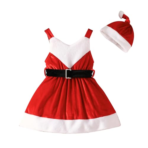 Yaopelky Kleinkind Mädchen Weihnachten Santaa Kleid Baby Mädchen Samt Strapsrock mit niedlichen Hut Belted Kleinkind Weihnachtskleid von Yaopelky