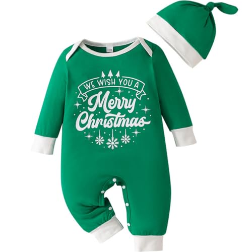 Yaopelky Mein 1. Weihnachten Outfit mit Hut Neugeborenes Baby Strampler Baby Junge Mädchen Frohe Weihnachten Kleidung Kleinkind Einteiler Overall (Grün, 3-6 Monate) von Yaopelky