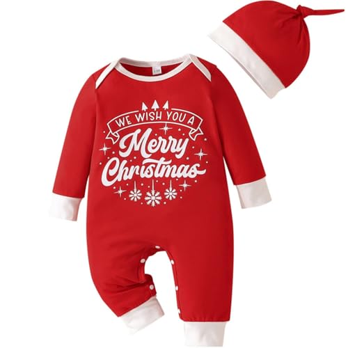 Yaopelky Mein 1. Weihnachten Outfit mit Hut Neugeborenes Baby Strampler Baby Junge Mädchen Frohe Weihnachten Kleidung Kleinkind Einteiler Overall (Rot, 6-9 Monate) von Yaopelky