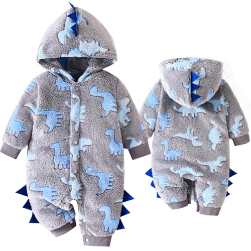 Yaopelky Neugeborenes Baby Dinosaurier Schneeanzug Kleinkind Einteilig Kapuze Overall Kleinkind Cartoon Strampler Winter Warme Fleece Outfit (Grau, 12-18 Monate) von Yaopelky
