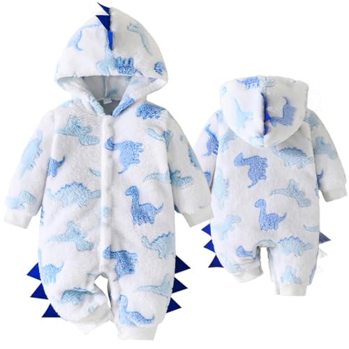 Yaopelky Neugeborenes Baby Dinosaurier Schneeanzug Kleinkind Einteilig Kapuze Overall Kleinkind Cartoon Strampler Winter Warme Fleece Outfit (Weiß, 3-6 Monate) von Yaopelky