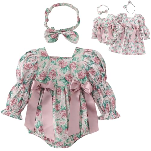 Yaopelky Schwestern passende Kleider mit Schleife Stirnband Kleine Mädchen Langarm Floral Kleid Neugeborenes Baby Strampler ﻿ von Yaopelky