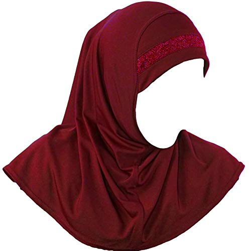 Yaqeen Kinder Mädchen Kopftuch Hijab Glitzerborde, Sport Hijab, Amira Kopfbedeckung 6-12 Jahren, Einheitsgröße, weinrot von Yaqeen