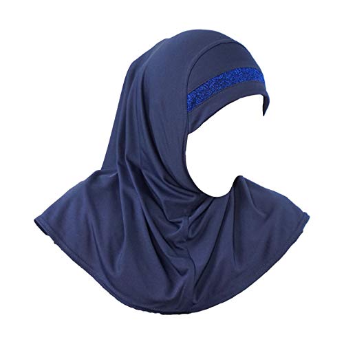 Yaqeen Kinder Mädchen Kopftuch Hijab Glitzerborde, Sport Hijab, Amira Kopfbedeckung 6-12 Jahren, Einheitsgröße, dunkelblau von Yaqeen