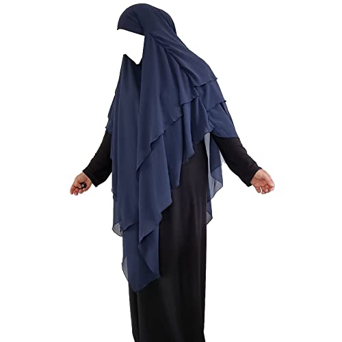 Yaqeen XL Khimar chiffon 3 lagig blickdicht Hijab elegantes 3 Schichten Kopftuch Jilbab Muslima Gebet (dunkelblau) von Yaqeen