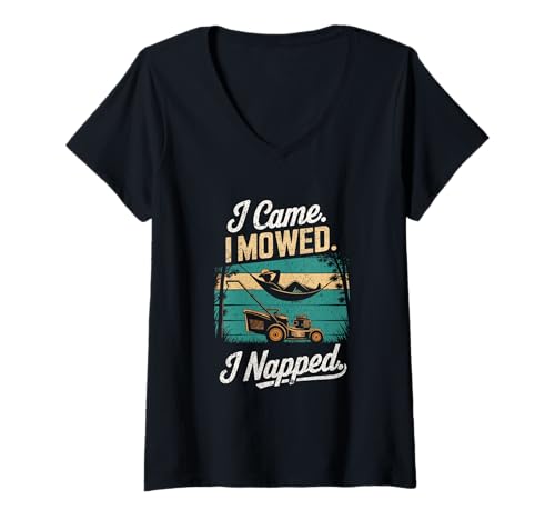 Damen I Came I Mowed I Napped Funny Lawncare Hängematte Design T-Shirt mit V-Ausschnitt von YardLegend