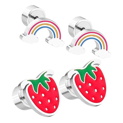 Yardenfun 2 Paare Kinderohrringe Set Kleine Süße Erdbeer und Regenbogen Ohrstecker Hypoallergene Flache Rückseite Ohrstecker für Teenager Mädchen Vielseitiger Schmuck für Alltag und von Yardenfun