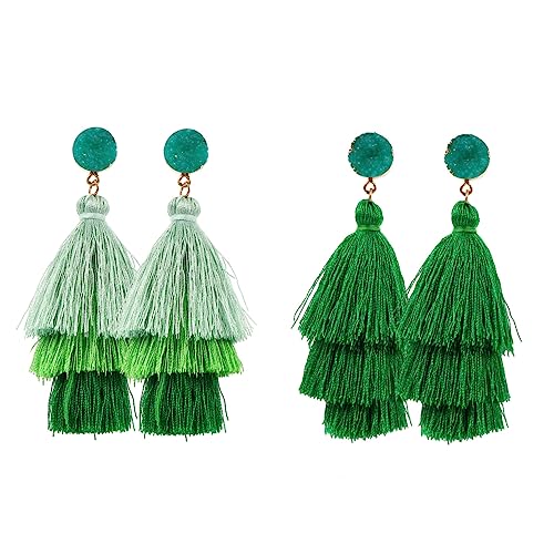 Yardenfun 2 Paare Patrick Ohrhänger Boho Stil Dreischichtige Quasten Ohrringe Damen Grün Farbverlauf Festival Schmuck für Frauen und Mädchen von Yardenfun