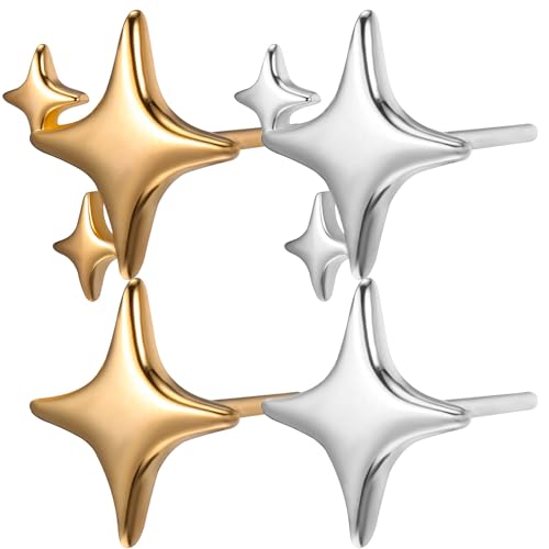 Yardenfun 2 Paare Sterling Silber Ohrringe für Damen Asymmetrische Vierzackige Stern Ohrstecker Weißgold und Gold Leicht und für von Yardenfun