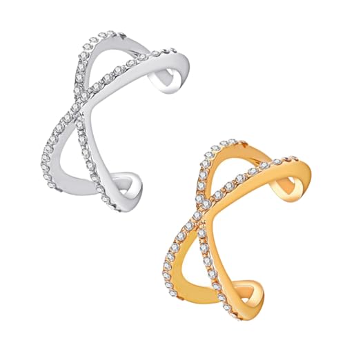 Yardenfun 2 Stück Verstellbare Damen Ringe mit Kreuz Design und Funkelnden Strasssteinen Doppellagig Modischer Schmuck für Alltag Party Verstellbare Öffnung Langlebige Legierung von Yardenfun