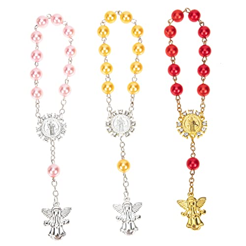 Yardenfun 3 Stück Teiliges Charm Armband Religiöse Rosary Handgelenk Kette für Damen Silberne Perlenarmband für Taufgeschenk zur Erstkommunion Farben von Yardenfun