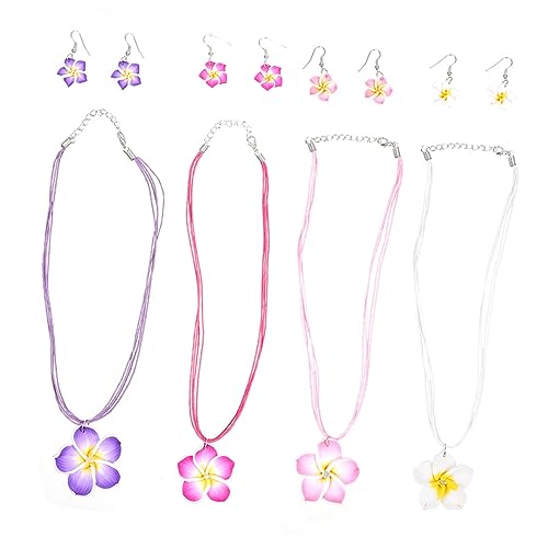 Yardenfun 4 Sätze Halsketten und Ohrringe mit Plumeria Blumen Handgefertigter Hawaii Schmuck Zarte Bunte Blumenohrhänger Leichte Strand und Party Accessoires in Rosa Weiß von Yardenfun