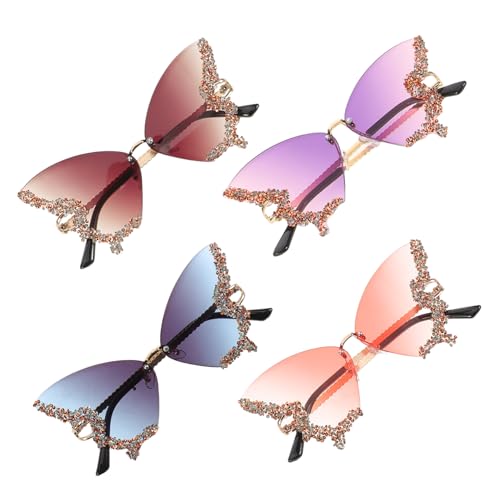 Yardenfun 4 Stück Teiliges Damen Sonnenbrillen Retro Schmetterlingsform mit Strassverzierung Uv-schutz Leicht und Rahmenlos für Sommer Outdoor und Modische Freizeitlooks von Yardenfun