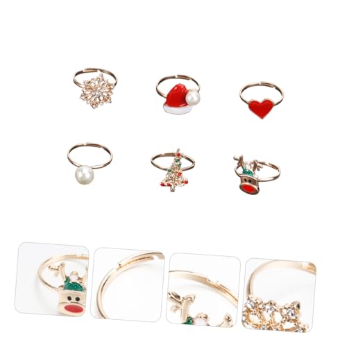 Yardenfun 6 Stück Teiliges Weihnachtsring Set Kreative Schmuckstücke mit Weihnachtsbaum Schneeflocke und Elch Design für Festliche Anlässe und Liebevolle von Yardenfun