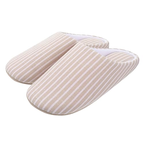 Yardenfun Beige Gestreifte Leichte Baumwoll Hausschuhe im Japanischen Stil Flauschig und Wärmend Rutschfeste Weiche Innensohle Unisex Hausschuhe für Herbst und Winter von Yardenfun