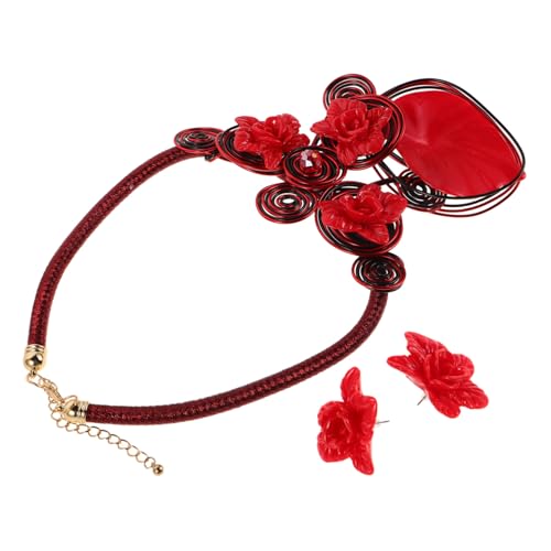 Yardenfun Chunky Rotes Schmuckset mit Handgefertigten Aluminiumdraht und Resinblumen Leichtes Statement-halsketten Ohrhängerset für Damen Langlebig Komfortabel Geeignet für Hochzeit Party von Yardenfun