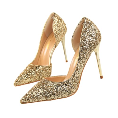 Yardenfun Damen High Heel Schuhe mit Dünnem Absatz Spitz Zulaufend Glitzerndes Design und Modisch Pumps für Partys Nachtclub und Festliche Anlässe Goldfarbene von Yardenfun