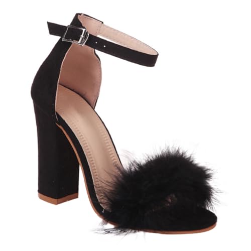 Yardenfun Damen High Heels Sandalen mit Chunky Absatz Rutschfeste Gummisohle Modische Kunstfell verzierung Offene Zehen Stilvolle Sommer schuhe für Party und Besondere Anlässe Schwarz von Yardenfun