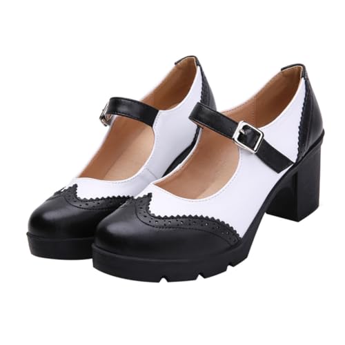 Yardenfun Damen Plateau Lederschuhe Mittelhoher Absatz Runder Zeh Chunky Heels Britischer Stil Klassische Elegante Schuhe für Büro Party Hochzeit Cocktail von Yardenfun