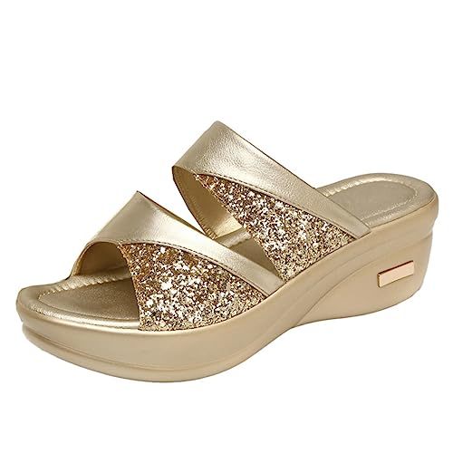 Yardenfun Sommer-keilpantoffeln Für Damen Lässige Damenpantoffeln Mit Dicker Keilsohle Stilvolle Fischmaul-keilschuhe Goldene Hausschuhe Für Freizeit Und Strand Bequem Zu Tragen Leicht Auszu von Yardenfun