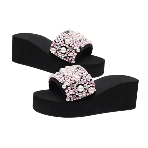 Yardenfun Damen Wedgesandalen Sommer Keilabsatz Slipper mit Perlen Design Rutschfest Stilvolle Strand Hausschuhe für Frauen Rosa von Yardenfun