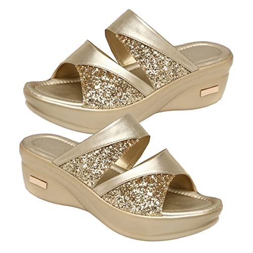 Yardenfun Damen Wedgeslipper Sommer Keilsandalette mit Dicker Sohle Modisch für Alltag Strand Freizeit Gold Fußlänge von Yardenfun