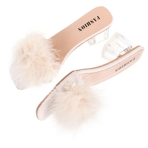 Yardenfun Fluffy Heels Damen Hausschuhe Sommer Sandalen mit Fuzzy Absatz Weiche Slippers für Alltag und Outdoor Modische Bequeme Pantoletten in Beige Leichter Sommer schuh für Frauen von Yardenfun