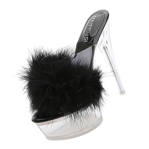 Yardenfun Fluffy High Heel Sandalen Damen Pantoletten Transparent Thin High Heels Sommermode Chic Schuhe von Yardenfun