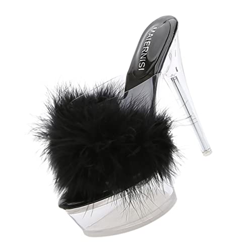 Yardenfun Fluffy High Heel Sandalen Damen Transparent Plateau Slipper Dünner Absatz Sommer Hausschuhe Modisch Elegant von Yardenfun
