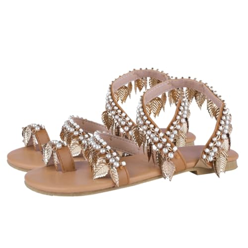 Yardenfun Handgefertigte Perlen Sandalen Damen Flache Sandalen Leicht Atmungsaktiv Rutschfeste Sohle Sommer Schuhe Offene Zehen Leicht Braun von Yardenfun