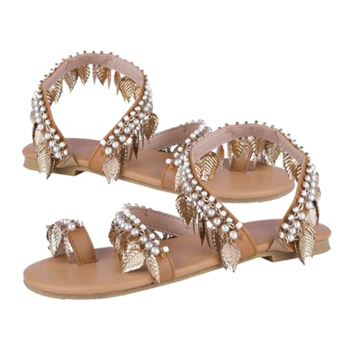 Yardenfun Handgefertigte Perlen Sandalen Damen Sommer Flache Sandalen Elegant Leicht Braun Elastisch Einfach Ausziehen Chic Für Alltag und Party von Yardenfun