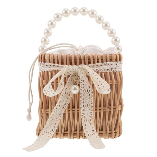 Yardenfun Handgewebte Damen Rattan Tasche mit Kunstperlenkette Vintage Strandkorb Boho Umhängetasche Leichter Sommerbeutel für Urlaub Einkauf Freizeit und Festliche Anlässe von Yardenfun