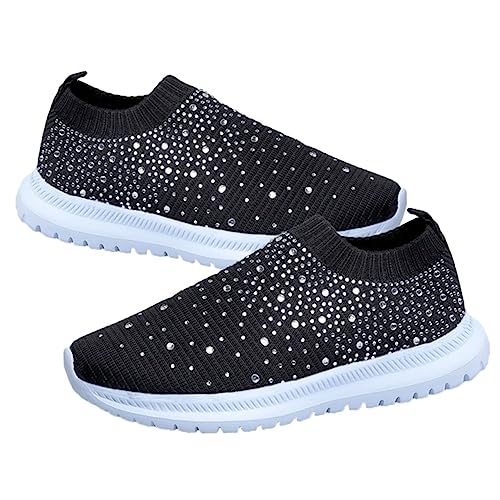Yardenfun Leichte Atmungsaktive Damenschuhe mit Strass Verzierung rutschfeste und Stoßdämpfende Sohlen Flexibles Textilmaterial Flache Sportschuhe für Alltag und Freizeit Schwarz von Yardenfun