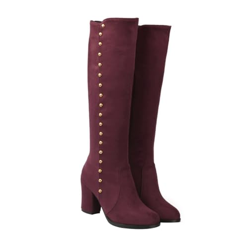 Yardenfun Retro Knight Boots Damen Vintage Stil Rundzehen Stiefel mit Dickem Absatz Herbst Winter Kniehohe Stiefel in Weinrot Modische Hautfreundliche Materialien Schlank Machendes Design von Yardenfun