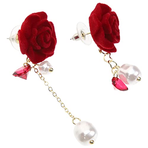 Yardenfun Rote Quasten Ohrringe Damen Perlen Blume Design Asymmetrisch Leicht Elegant Schmuck für Hochzeit Party Alltag von Yardenfun