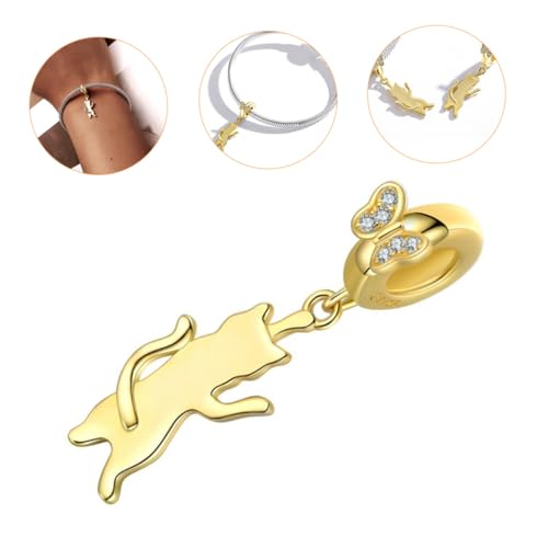 Yardenfun Sterlingsilber Katzen Anhänger Charm mit Schmetterlingen Vergoldet Süßer Tier Schmuck für Armband DIY Schmuckherstellung von Yardenfun