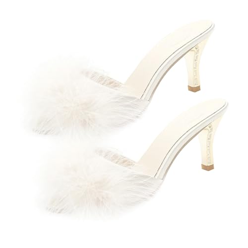 Yardenfun Stylische Damen Sommer Slippers Weiß Beige Hoher Absatz Komfortabel Rutschfeste Sohle Gepolsterte Zwischensohle Modische Spitz Zehenform von Yardenfun
