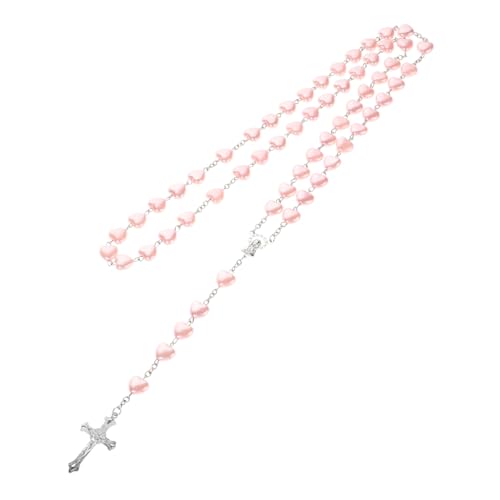 Yardenfun Vintage Rosarot Halskette mit Glasperlen Herzform Gebetskette mit Kreuzanhänger Langlebige Damen Halskette aus Glas und Legierung Modisches Schmuckstück für Frauen und Geschenk von Yardenfun