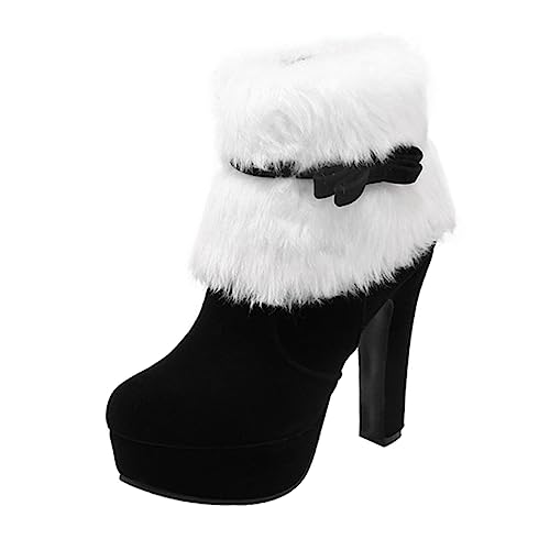 Yardenfun Weihnachtliche Damen Kurzstiefel Plüsch mit Schleife Hohe Blockabsätze Rutschfeste Gummisohle Warm Gefüttert Seitlicher Reißverschluss Elegant für Winterfest und Alltag von Yardenfun