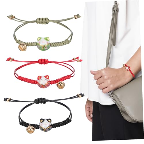 Yardwe 3stücke Glücksbringer Armband Mit Katzenmotiv Maneki-neko-perlenarmband Verstellbares Seilarmband Für Herren Und Damen Chinesisches Glücksarmband Katzenanhänger von Yardwe