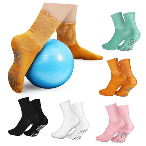 Yardwe 5 Paare Rutschfeste Yogasocken mit Noppen Hohe Knöchelsocken Elastische Fitness und Tanzsocken Unisex in Farben Hellgrün Senfgelb Altrosa von Yardwe