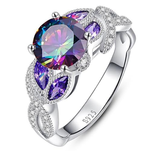 Yaresul 3,6ct Frauen Runde erstellt Regenbogen Topas Ring Lünette Einstellung Marquise Aussage Ring 925er Sterlingsilber Verlobungsringe für Mutter und Oma Bestes Geschenk, Größe 49.3(15.7) von Yaresul