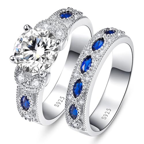 Yaresul 3.5ct Rundschliff Kubik Zirkonia Ring Ehering Set Erstellt Blauer Saphir Frauen Braut Ringe Sets 925 Sterling Silber Ring Rhodium plattiert Blau Verlobungsring Größe 52(16.6) von Yaresul