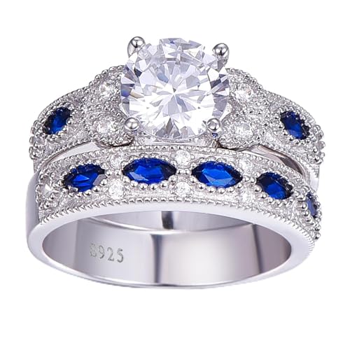 Yaresul 3.5ct Rundschliff Kubik Zirkonia Ring Ehering Set Erstellt Blauer Saphir Frauen Braut Ringe Sets 925 Sterling Silber Ring Rhodium plattiert Blau Verlobungsring Größe 53(16.9) von Yaresul