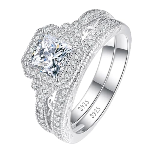 Yaresul Princess Cut Verlobungsring Set Damen Ringe Silber 925 Set Solitaire Cubic Zirkonia Ringe Für Paare Set für Frauen Größe 53(16.9) von Yaresul