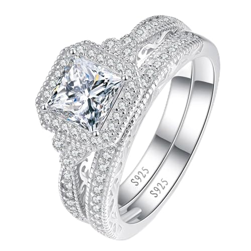 Yaresul Princess Cut Ringe für Frauen, 0,8ct Cubic Zirconia Halo Bridal Rings Set, simulierte Diamantringe für Frauen Größe 50.6(16.1) von Yaresul