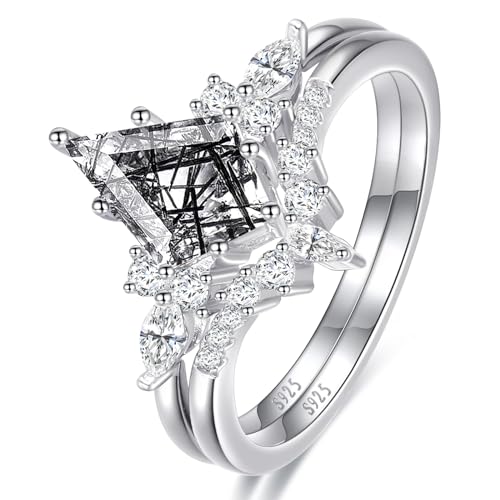 Yaresul Sterling Silber 925 Set - Schwarzer Rutilquarz Ring, Rautenförmiger und V-Form Verlobungsring für Damen, Größe 49.3 (15.7) Yaresul Sterling Silber 925 Set - Schwarzer Rutilquarz Ring, Rautenförmiger und V-Form Verlobungsring für Damen, Größe 49.3 (15.7) von Yaresul