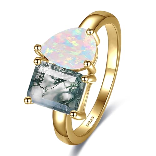 Yaresul Toi Et Moi Ring 14K Gold plattiert Moos Achat Ring & Birne Opal Versprechen Ring für sie 925 Sterling Silber Frauen Verlobungsring Stapelbar Frauen Hochzeit Band Größe 52(16.6) von Yaresul
